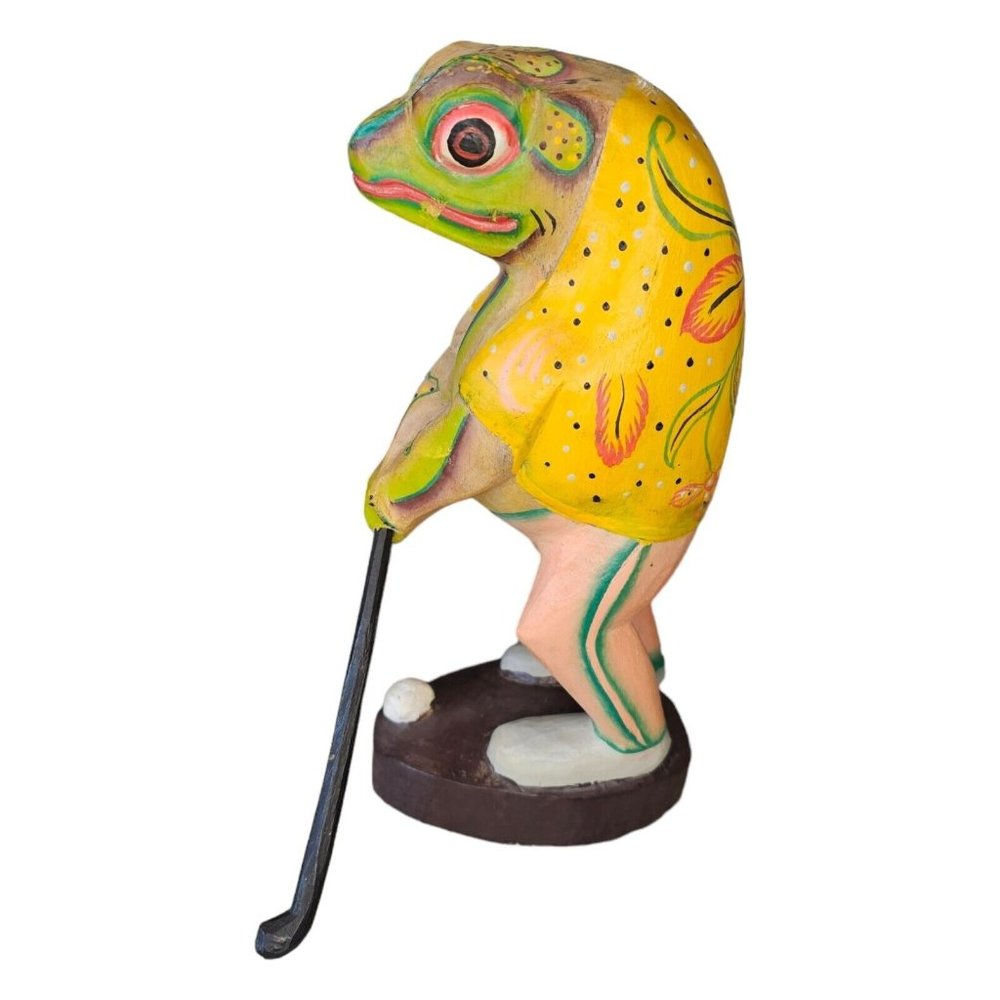 Vintage Handcarved Wood Golfing Frog Handpainted Sculpture Unique Tropical 11"
